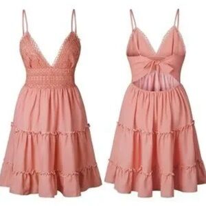 Ecowish Rose Pink Lace Backless Summer Dress | Small | Festival V-Neck